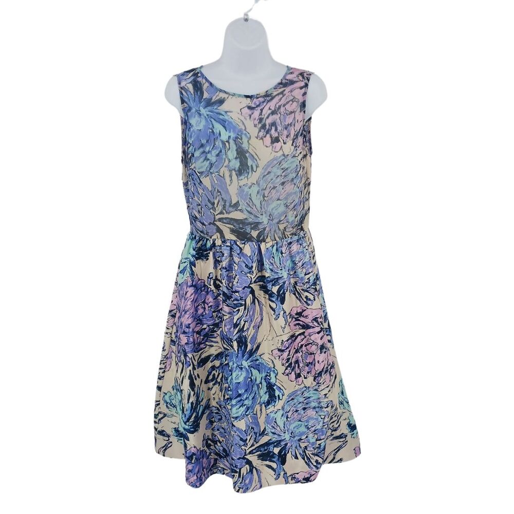 Just Taylor Ivory, Purple, & Blue Floral Print Midi A-Line Dress Sz 8
